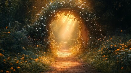 Sunlit Path Through Floral Arch