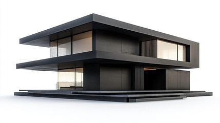 A luxurious black modern house rendered in 3D, with bold architectural features and a flat roof, set against a neutral white background for clarity.  