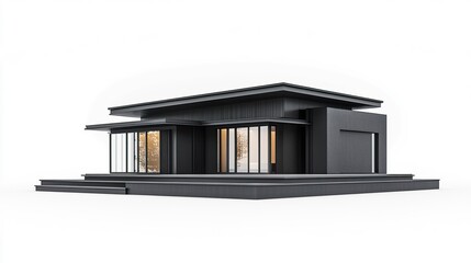 A luxurious black modern house rendered in 3D, with bold architectural features and a flat roof, set against a neutral white background for clarity.  