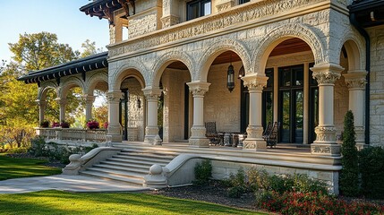 Fototapeta premium A luxurious home with a grand, sprawling porch featuring elegant arched openings framed by intricate stonework, exuding timeless architectural sophistication 