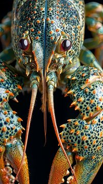 Detailed close-up of a crayfish raising its claws, highlighting the intricate patterns and textures of its shell, emphasizing its unique features and natural beauty.