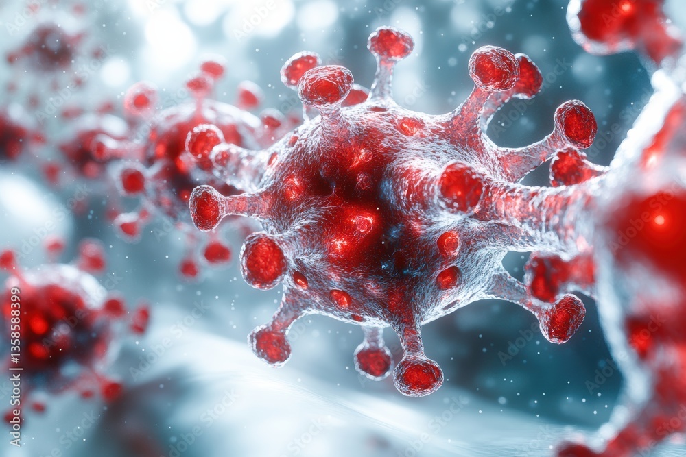 Poster Microscopic view of a virus, showcasing intricate structures and textures in vivid colors, representing the world of microbiology.