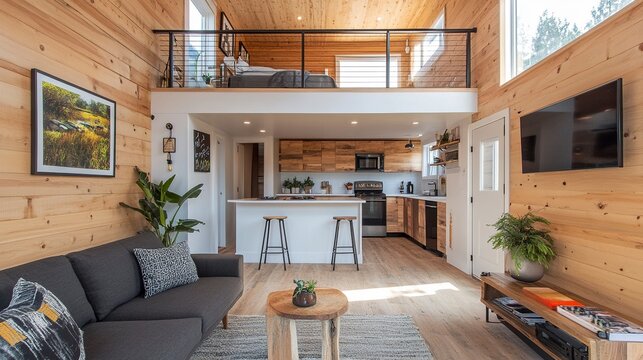 A minimalist ADU designed as a tiny home, featuring clean architectural lines, a loft space, and a functional layout for an efficient living experience.  