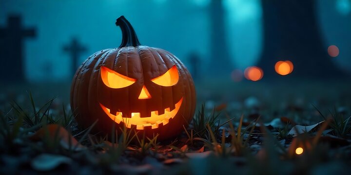 Jack O' Lanterns In Creepy Graveyard In The Spooky Night, Halloween, Pumpkins Backdrop