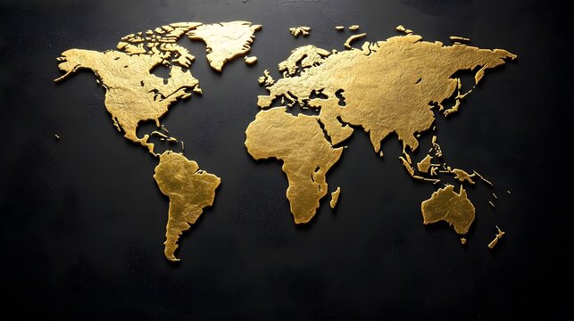 Elegant gold world map art for luxury business decor on black background