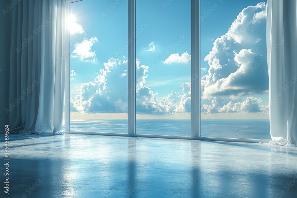 Poster Spacious room with large windows showcasing a bright, inviting view of the sky and clouds, creating a sense of tranquility.