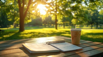 Outdoor workspace with notebook, journal, and drink on wooden table in park at sunset.