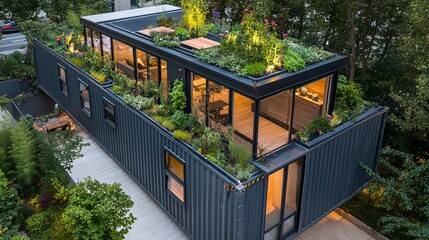Fototapeta premium A modern container home featuring a rooftop garden with integrated plants, combining functionality and nature in an urban environment. 