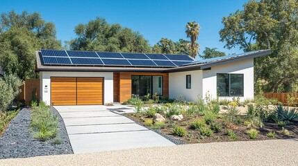 A modern eco-friendly home with a clean gable roof covered in solar panels, set in a landscaped yard featuring native plants and a minimalist aesthetic 