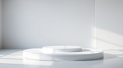 Minimalist white product display podium in bright room