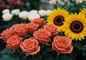 Fototapeta premium Fresh Orange Roses with Sunflowers Flower Arrangement Display at Flower Shop
