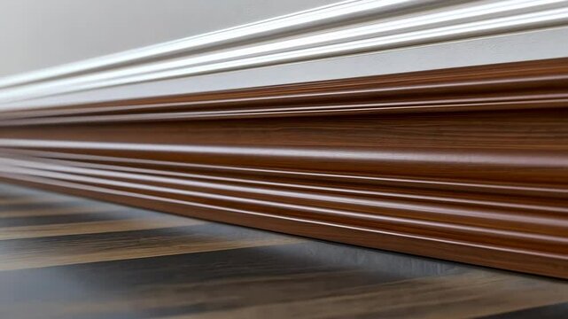 Detailed view of wooden baseboard trim along a polished floor in modern interior design