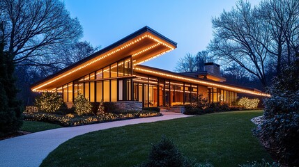 Obraz premium A modern house illuminated by crisp white LED Christmas lights, elegantly tracing the roofline and casting a warm glow that spreads holiday cheer. 