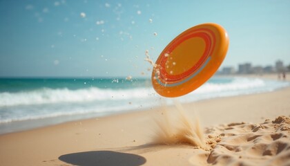 Flying frisbee on beach sand with splash near ocean