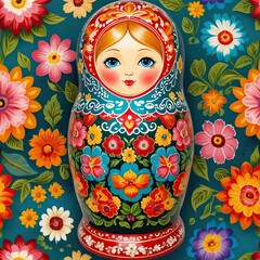 Vibrant Russian matryoshka doll with floral patterns against a colorful flower backdrop