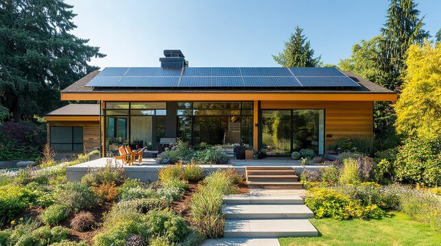 A modern passive house with energy-efficient solar panels on its gable roof, situated in a landscaped yard that balances style and ecological harmony 