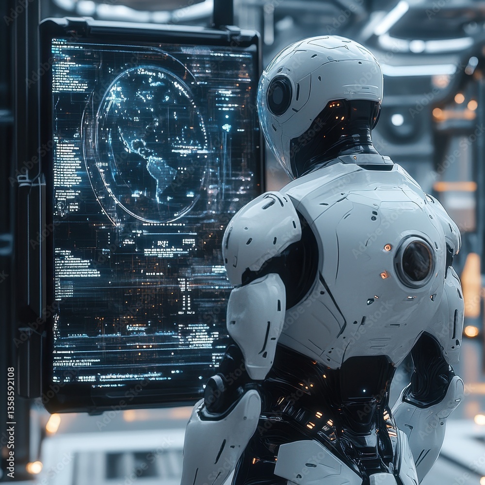 Poster futuristic robot analyzing data on a holographic display in a high-tech environment.