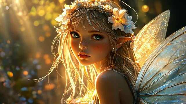 A glowing fairy with floral adornments in a sunlit forest.
