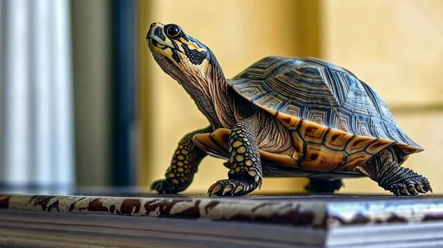 Turtle exploring a wooden surface in a sunlit room while showcasing intricate shell patterns and colorful skin