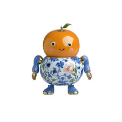 Cheerful Orange Robot Figurine with Blue and White Porcelain Design