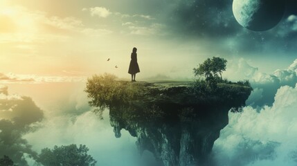 A solitary figure standing atop a floating island in the heavens