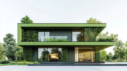 Fototapeta premium A sharp and stylish green house with contemporary design elements, smooth walls, and a flat roof, isolated on a bright white background. 