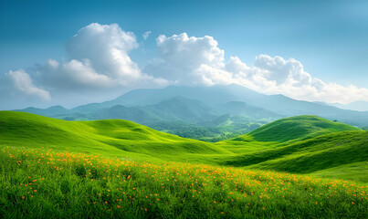Obraz premium Serene Wide View of Rolling Hills and Flower Fields Under Clouds