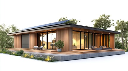 A sleek modern eco-friendly house with a flat roof featuring integrated solar panels, minimalist design, and clean lines, isolated on a white background.  