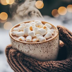 Warm cup of hot chocolate with marshmallows held in cozy hands, surrounded by festive lights.