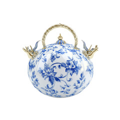 Elegant Blue and White Porcelain Kettle with Gold Accents