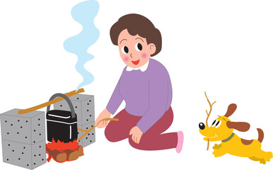 キャンプでハンゴウ炊飯するお母さんと犬
