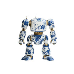 Fototapeta premium Blue and White Porcelain Robot Figurine A Fusion of Traditional Craftsmanship and Modern Technology