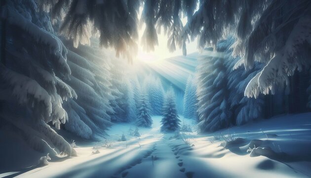 Snowy valley A serene winter forest featuring a snowy valley whe