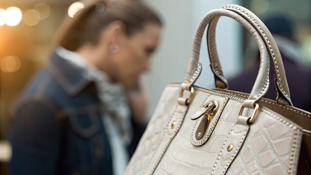 Close-up of a counterfeit luxury handbag with intricate stitching and logo details, illustrating the concept of imitation and counterfeit products in the fashion industry.