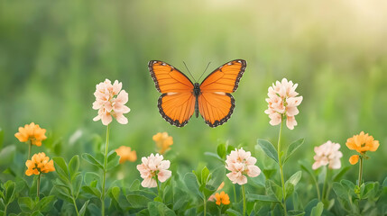 Beautiful Orange Butterfly Surrounded by Colorful Floral Blossoms