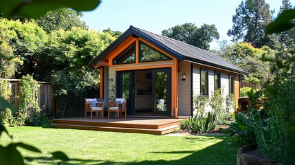 A small house-style ADU with a gabled roof, neutral colors, and a landscaped yard, combining charm and practicality as a granny flat or guesthouse.  
