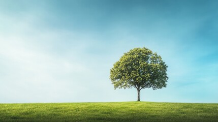 Fototapeta premium Solitary Tree on a Verdant Hill Under a Serene Sky