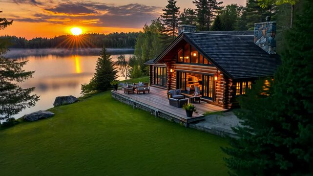 A cozy cabin by the lake at sunset, surrounded by lush trees.