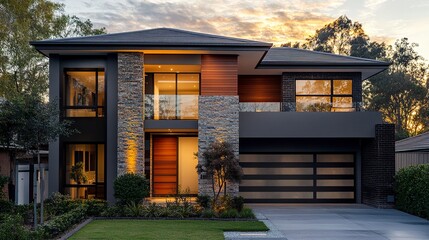 A striking modern house with a facade that combines warm colors and sleek textures, showcasing a refined and sophisticated architectural style 