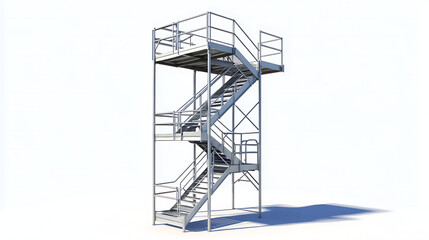 Metallic Gray Industrial Scaffolding Structure with Staircase Against White Background and Shadow Lighting