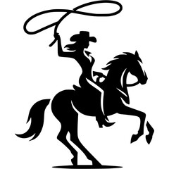 Tattoo emblem of female cowboy riding horse twirling lasso rope over her head in monochrome. Engraving minimalistic vector in black ink drawing on transparent background
