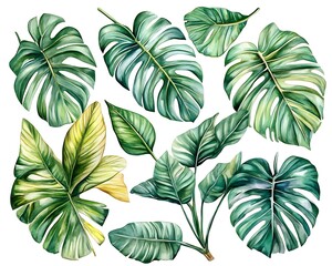 Watercolor illustration of vibrant tropical leaves arranged on white background