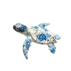 Fototapeta premium Porcelain Sea Turtle Figurine with Blue and White Floral Design