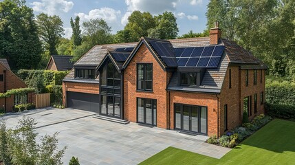 A stylish UK home featuring a clean, minimalist design with solar panels perfectly embedded in its roof, showcasing eco-friendly innovation.  