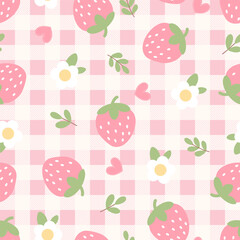 vector seamless pattern with fruits, flower, leaf and check plaid background vector