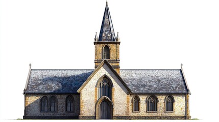 Fototapeta premium A traditional church with a steep roof, a central spire, and detailed stonework, prominently displayed on a white background for clarity. 