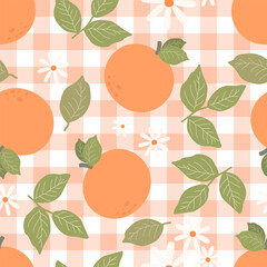 vector seamless pattern with fruits, flower, leaf and check plaid background vector