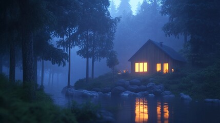 A tranquil scene of a modern wooden house with minimalist design and glowing windows, harmonizing with the natural beauty of the surrounding forest at twilight.  