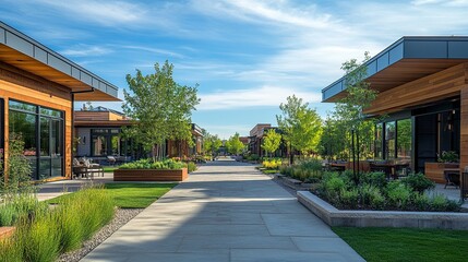 Fototapeta premium A tranquil suburban neighborhood with modern homes on either side of the street, showcasing perfectly maintained gardens and vibrant greenery under a clear, sunny sky. 