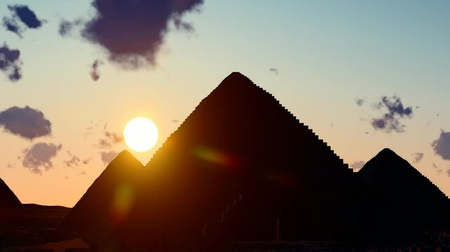 The Pyramid of Khufu on the Nile River in Egypt at sunset